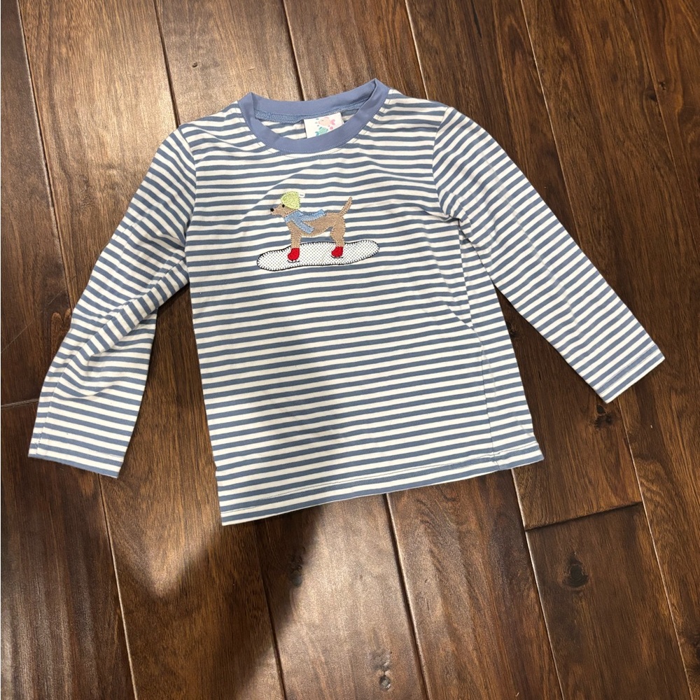 Blue and White Striped Kids Long Sleeve Tee with Dog Design
